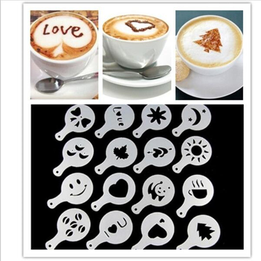 16Pcs Coffee Milk Gift Cupcake Stencil Template Mold Coffee Barista Cappuccino Template Strew Pad Duster Spray mold Tool